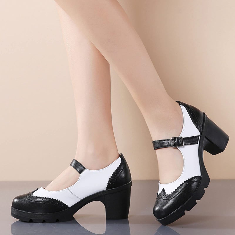 DADAWEN Women's Chunky Low Block Heels Mary Jane Closed Toe Work Pumps Comfortable Round Toe Oxfords Dress Wedding Shoes Black/White US Size 10 - Image 3